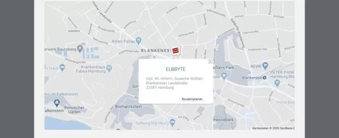 Darstellung einer Google-Maps Karte mit der Umgebung von ELBBYTE angepasst im Design auf das Erscheinungsbild der Website
