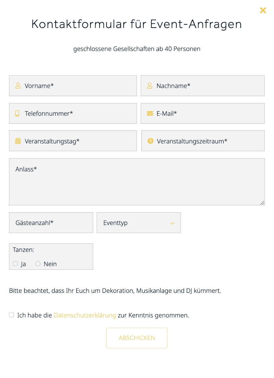 Ein Kontaktformular zur Anfrage für ein Event