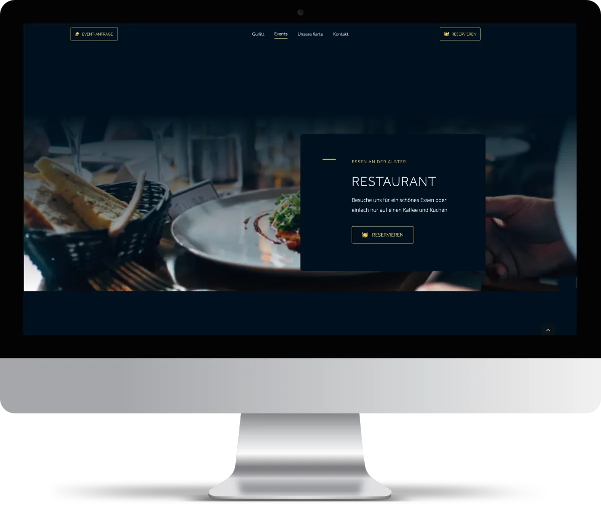 Desktop mit einem Auszug der Seite Events. Ein stilvolles Hintergrundbild von einem gedeckten Tischbereich im Restaurant mit einem überlagerten Text zum Restaurant